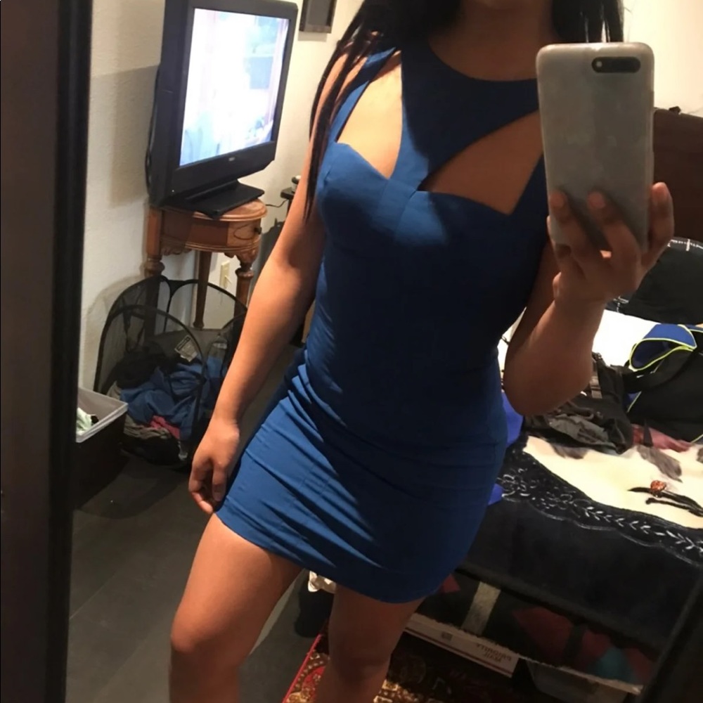 Simple Blue Bodycon backless Club Dress w cutouts